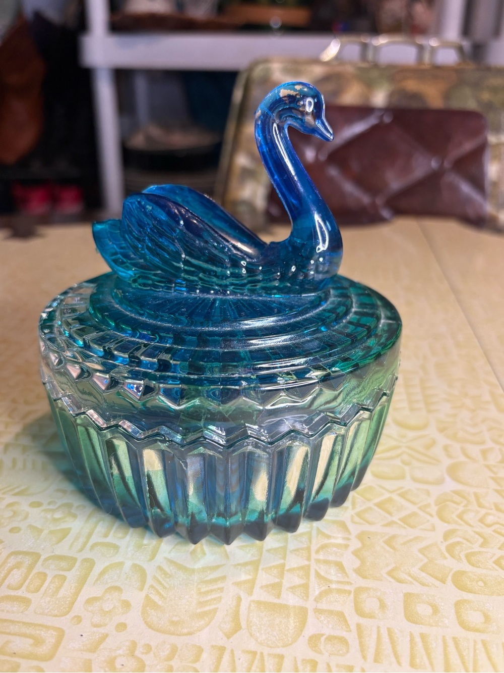 Vintage Glass Swan Trinket Box - Blue Green Decorative Accent